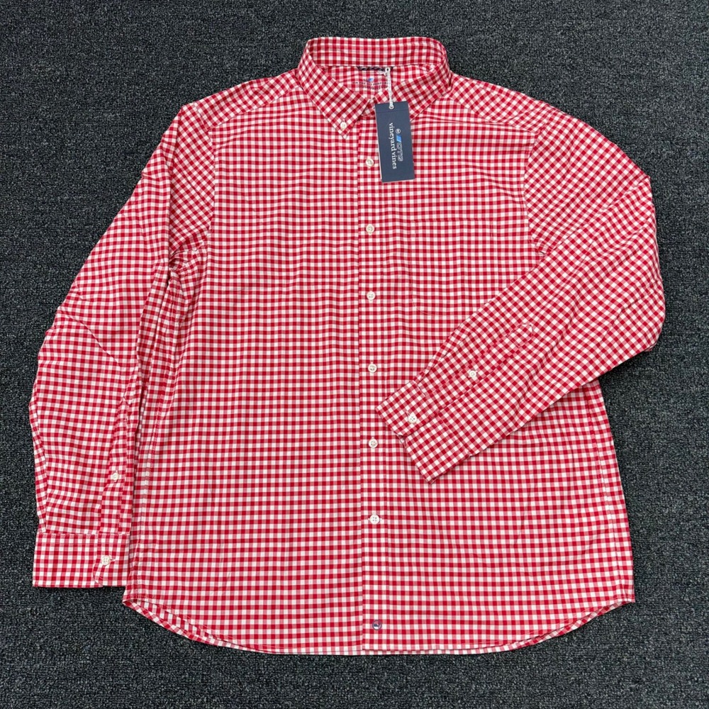 Vineyard Vines Mens L Red OTG brrr Performance Gingham Check Shirt Nautical